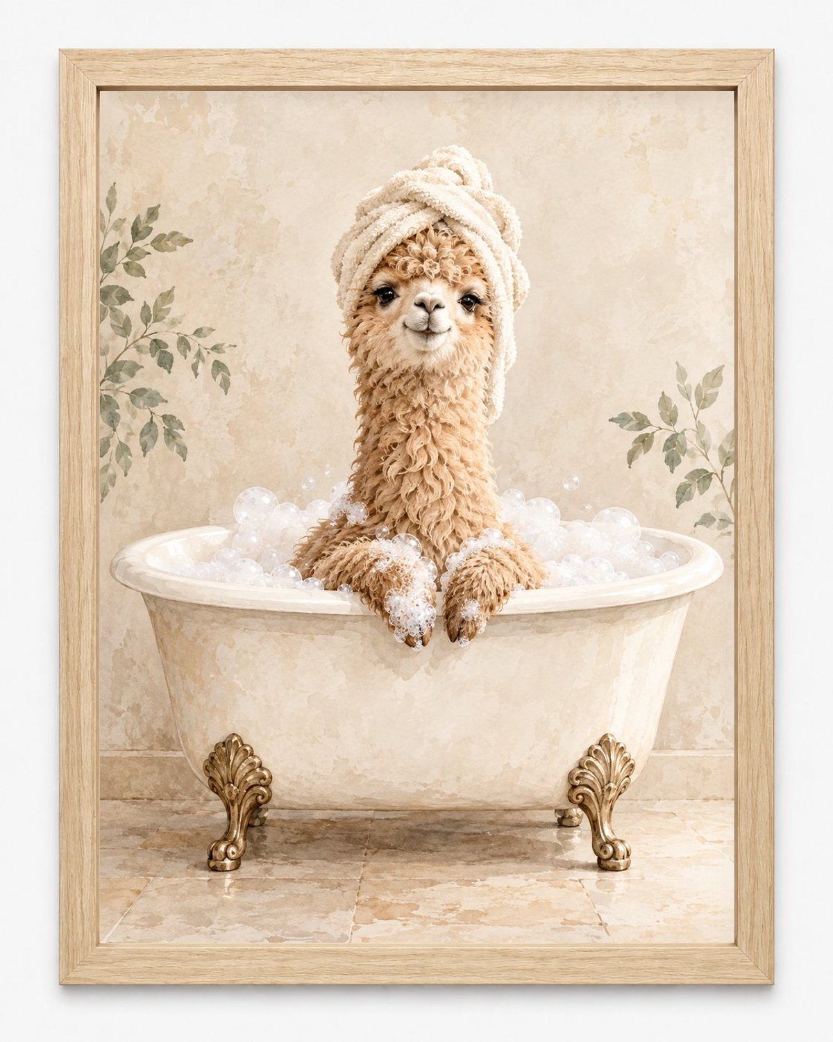 Alpaca Poster in Bad | Grappige Dierenposter | Inclusief Lichtbruine A4 Lijst