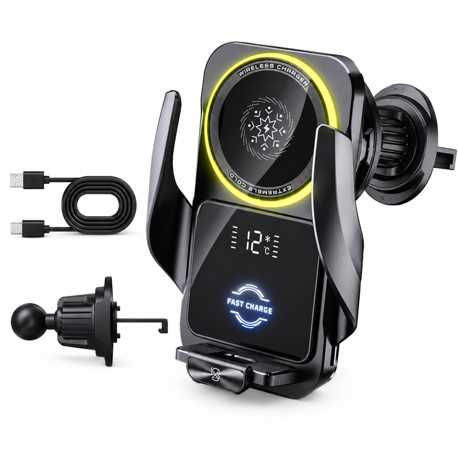 Telefoonhouders auto met ventilatieroosterbevestiging, draadloos laden, TEC-halfgeleiderkoeling en digitaal display