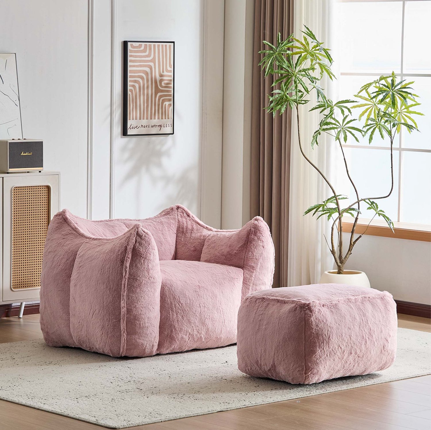 COVREO Fauteuil met hocker en pluche – 126x100,5x75 cm – Loungestoel met schuim – Zitmeubel voor leeshoek – Roze