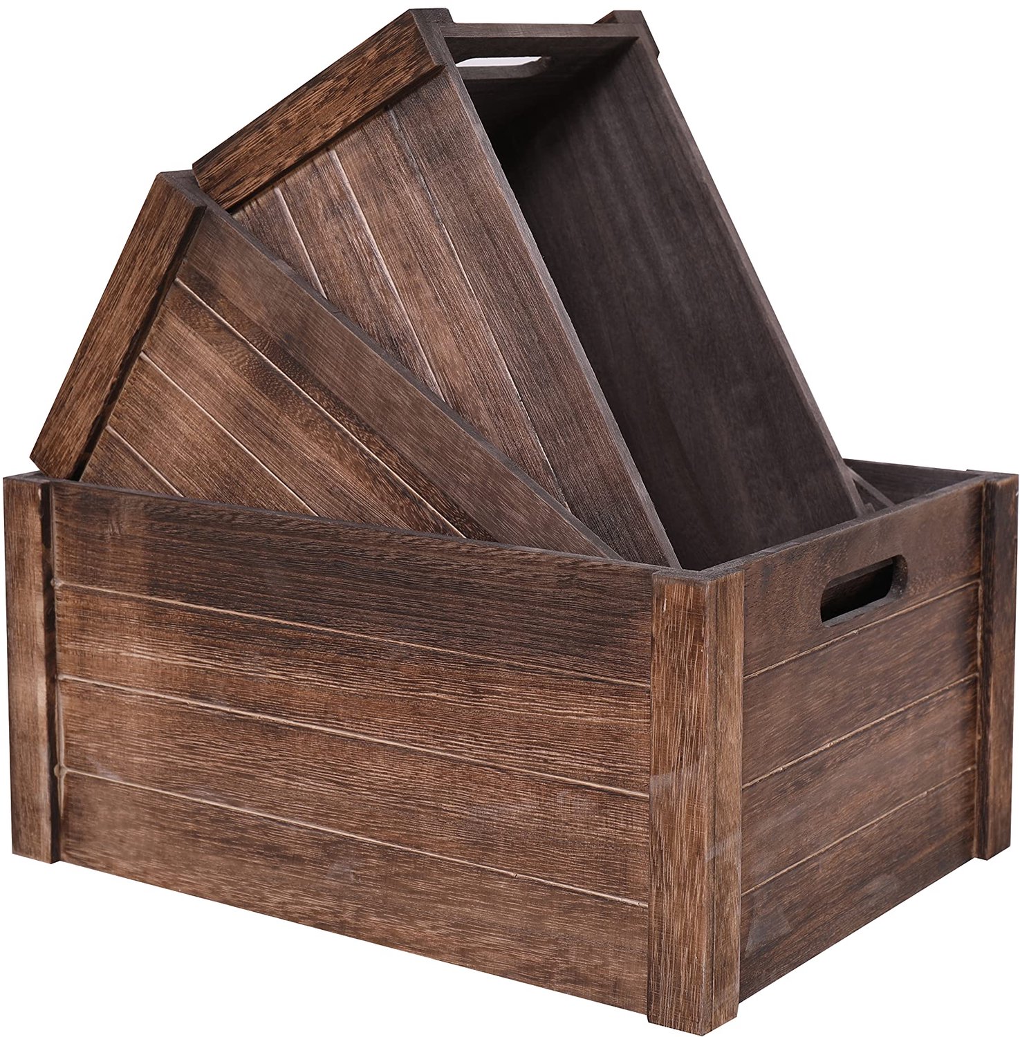 SENRYEE Farmhouse Antique Black Wooden Crate for storage,Rustic Decorative Boxes,Set Of 3 Extra Large Nesting Wooden - ShopVlot