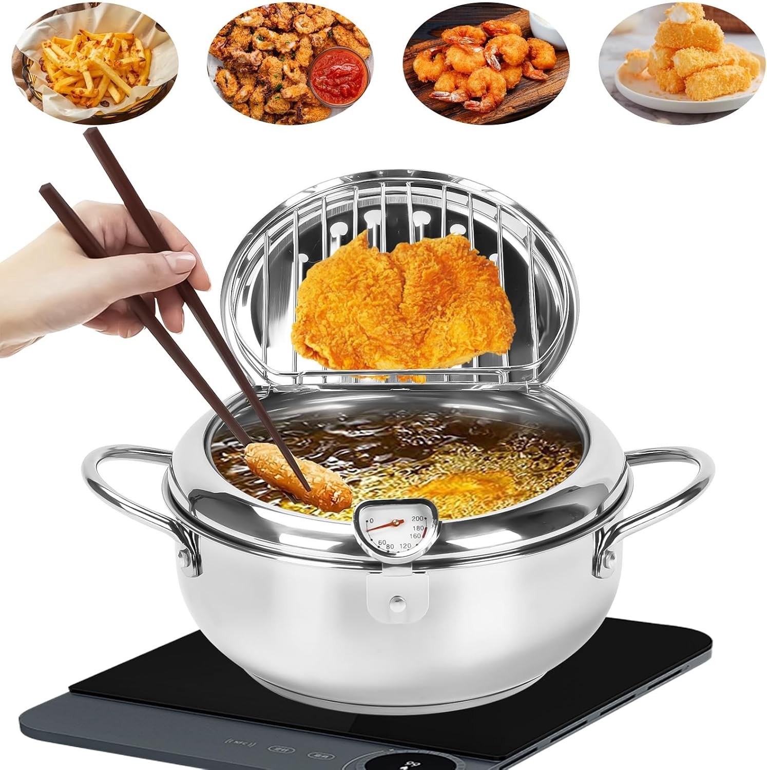 RVS Frituurpan met Deksel en Temperatuurregeling, Mini Frituurpan Geschikt voor Gasfornuis en Inductiekookplaat, Ideaal voor Kippenvlees en Gefrituurde Gerechten, 24cm