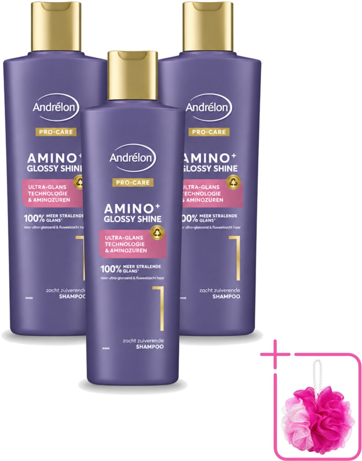 3 x Andrélon – Shampoo – Pro Care Amino+ Glossy Shine – 250 ml - Bulkverpakking - Glans haar - Douchemop - Zachtheid haar
