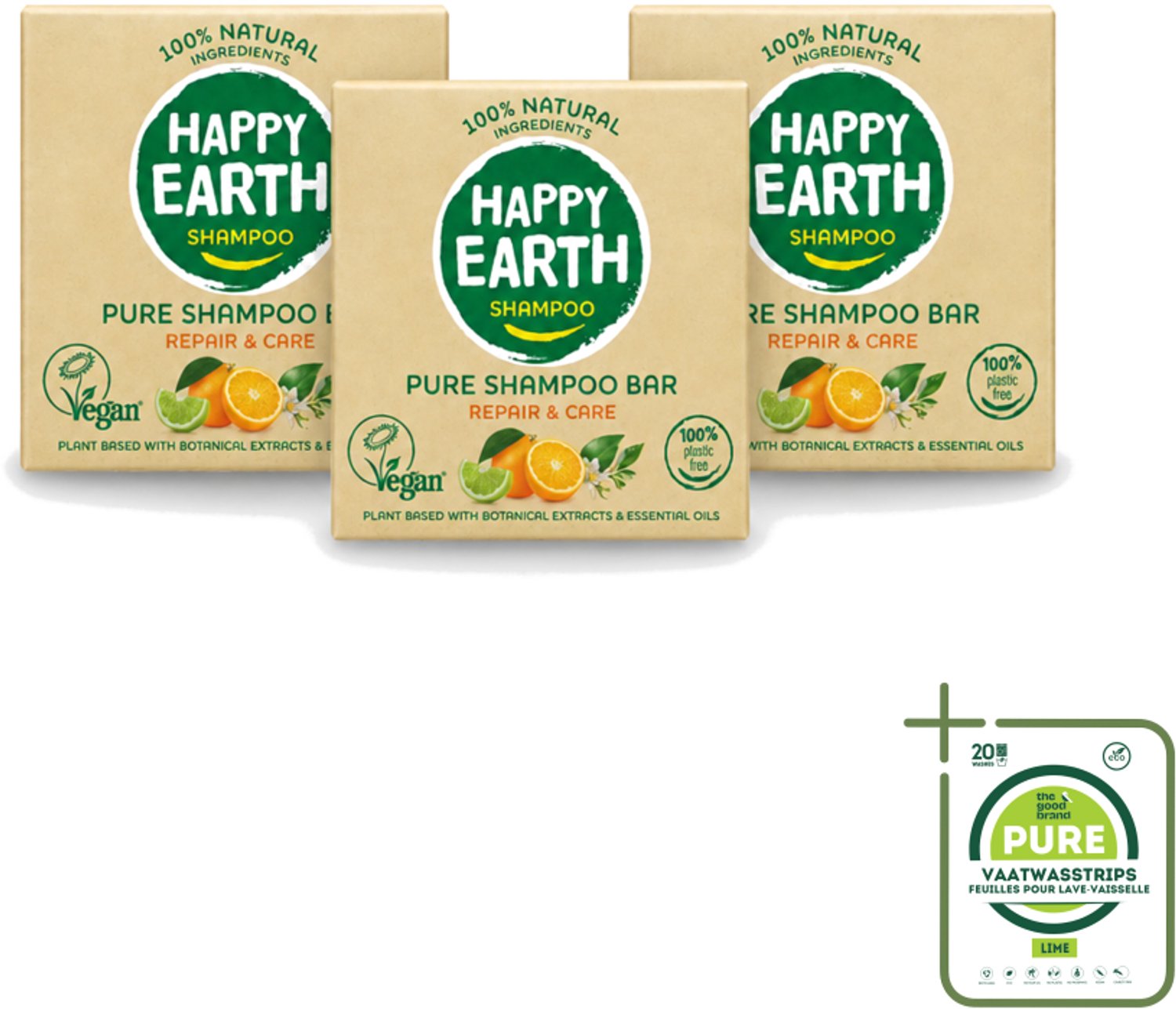 3 x Happy Earth – Shampoo Bar – 100% Natuurlijk Repair & Care – 70 g - Grootverpakking - Vaatwasstrips - Shampoo Bar - Droog Haar - Beschadigd Haar - Natuurlijke Shampoo - Vegan Shampoo