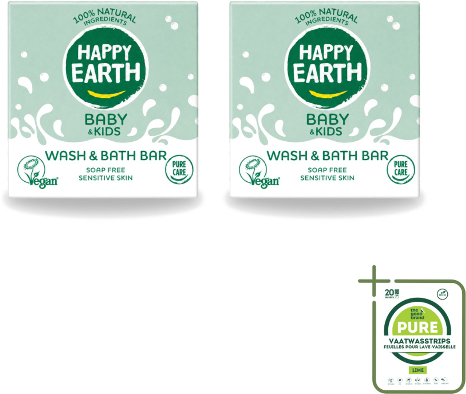2 x Happy Earth – Wash & Bath Bar – 100% Natuurlijk Baby & Kids – 50 g - Grootverpakking - Vaatwasstrips - Baby Wasbar - Kind Badbar - Natuurlijke Wasbar - Zeepvrije Wasbar - Mild Wasbar