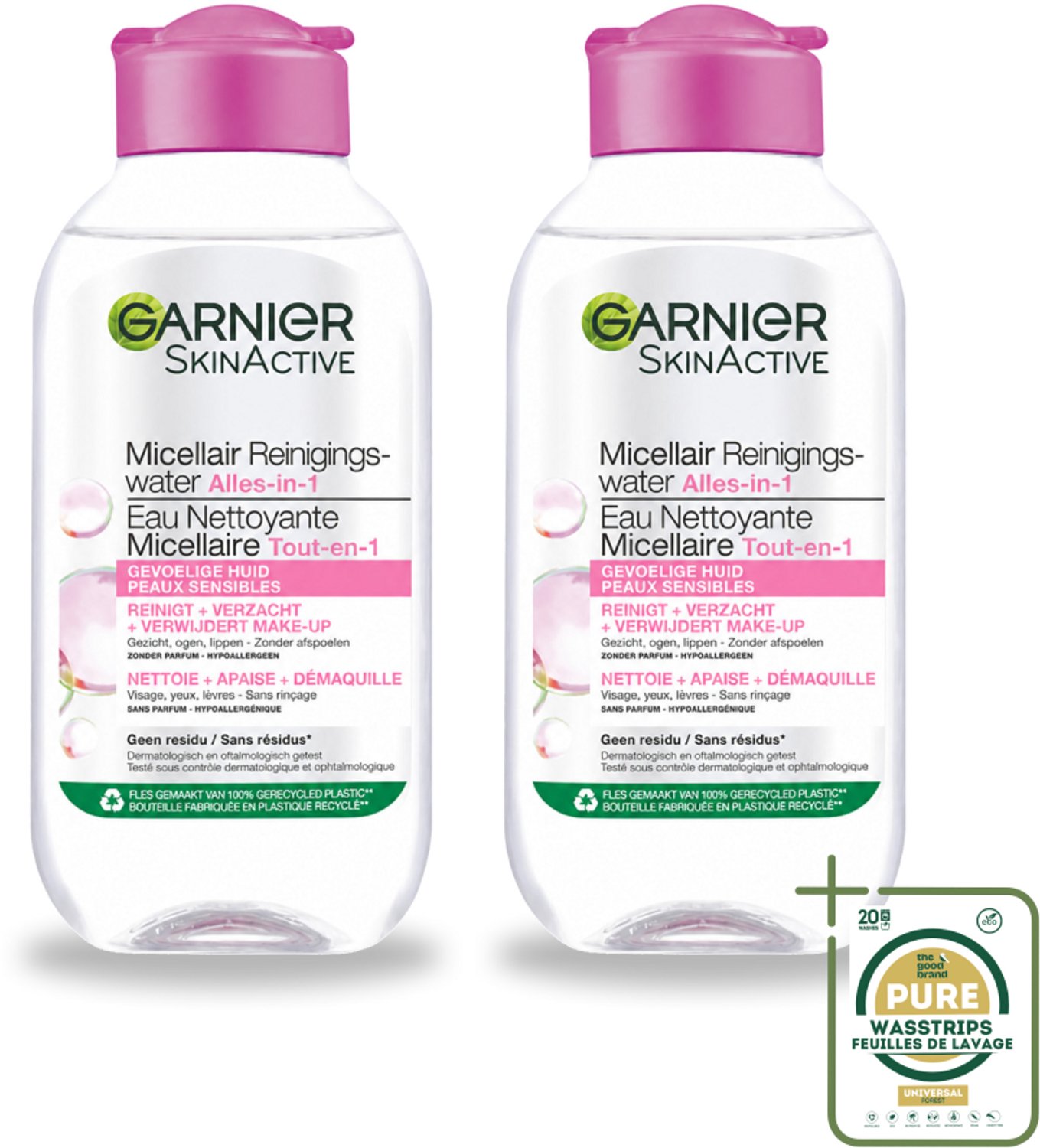 2 x Garnier - SkinActive - Micellair Reinigingswater - Gevoelige Huid - Reisformaat - 100 ml - Wasstrips - Gevoelige Huid Reinigen - Micellair Reinigingswater - Gezicht Reinigen - Make-up Verwijderen - Huid Verzachten
