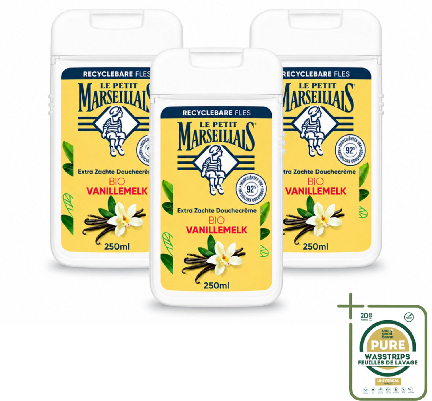 3 x Le Petit Marseillais – Douchecrème – Lait de Vanille Bio – Extra zacht – 250 ml - Wasstrips - Douchecrème - Vanille - Bio - Zachte Douchecrème - Huid Verzorging