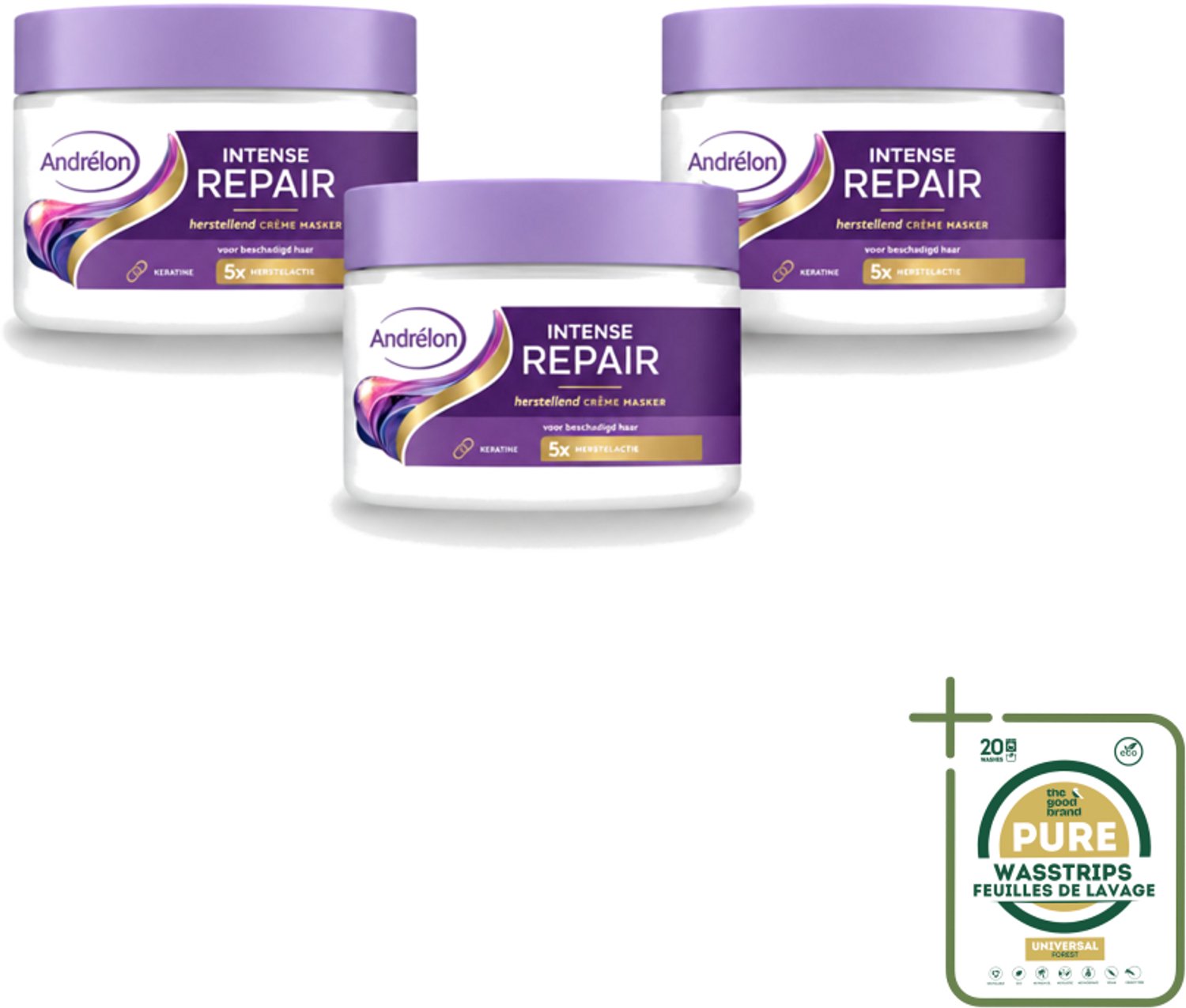 3 x Andrélon – Crème Haarmasker – Intense Repair – 300 ml - Wasstrips - Haarmasker - Haarherstel - Keratine - Beschadigd Haar - Intensief Herstel