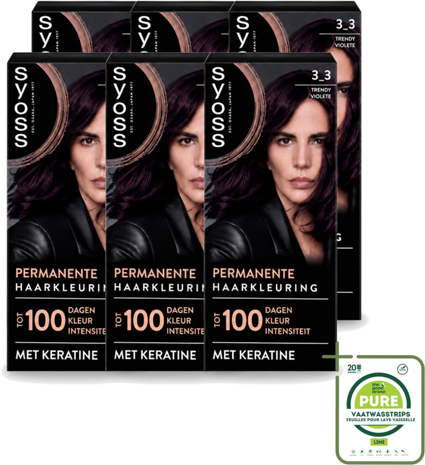 6 x SYOSS Permanent Coloration 3-3 - Haarverf - Trendy Violet - Grootverpakking - Vaatwasstrips - Haarkleuring - Permanente Haarkleuring - Keratine - Grijsdekking - Professionele Haarkleuring