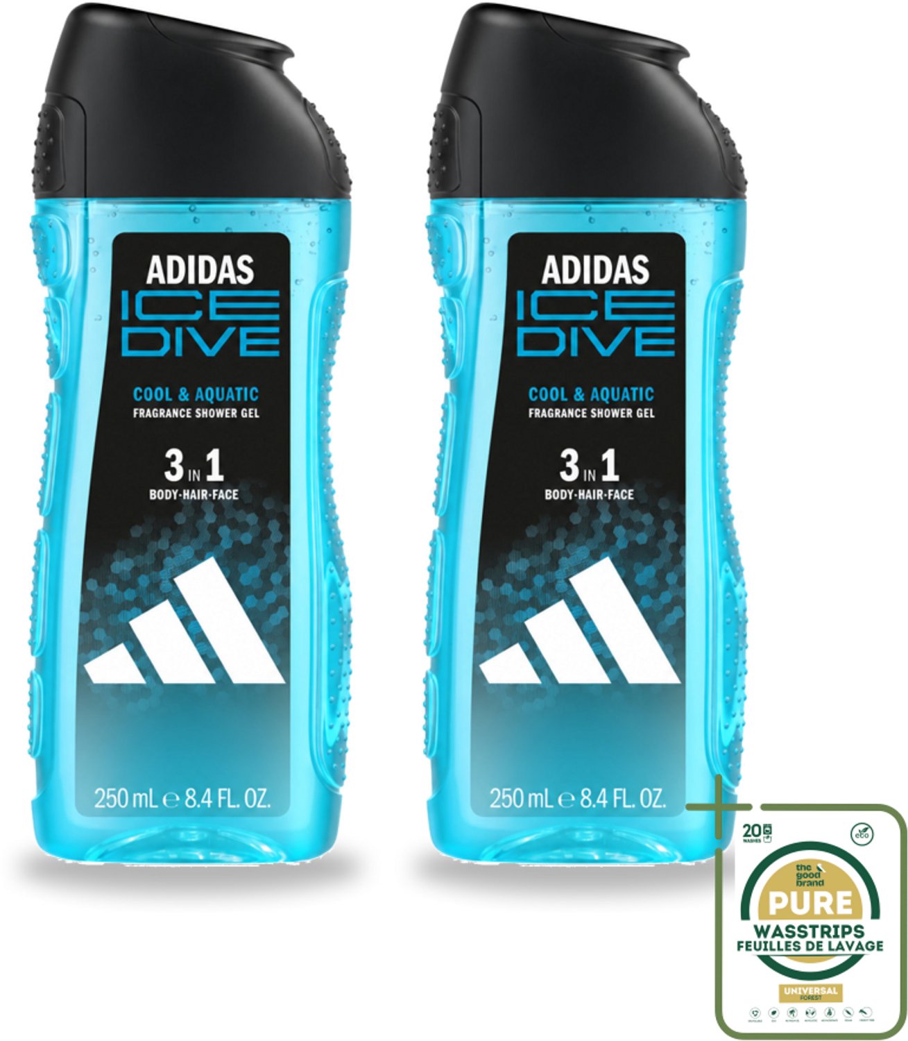 2 x Adidas – Douchegel 3-in-1 – Ice Dive – 250 ml - Wasstrips - Douchegel - Sportdouchegel - Frisse Douchegel - 3-in-1 Douchegel - Menthol Douchegel