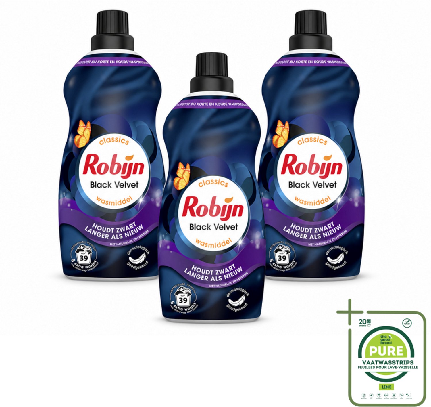 3 x Robijn – Vloeibaar Wasmiddel – Klein & Krachtig Black Velvet – 1,19 L - Grootverpakking - Vaatwasstrips - Zwarte Was - Donker Was - Wasmiddel Zwart - Kleurbehoud - Wasmiddel Donker
