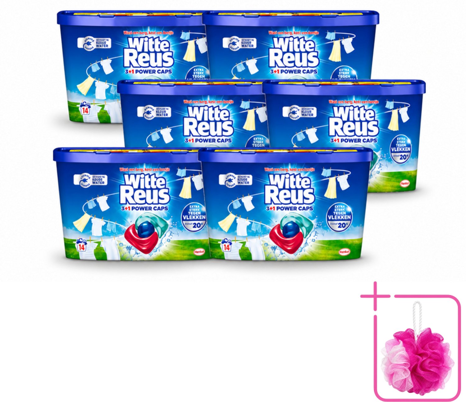 6 x Witte Reus - Wasmiddel - Power Caps 3+1 - 14 Capsules - Bulkverpakking - Wasmiddel - Douchemop - Wascapsule
