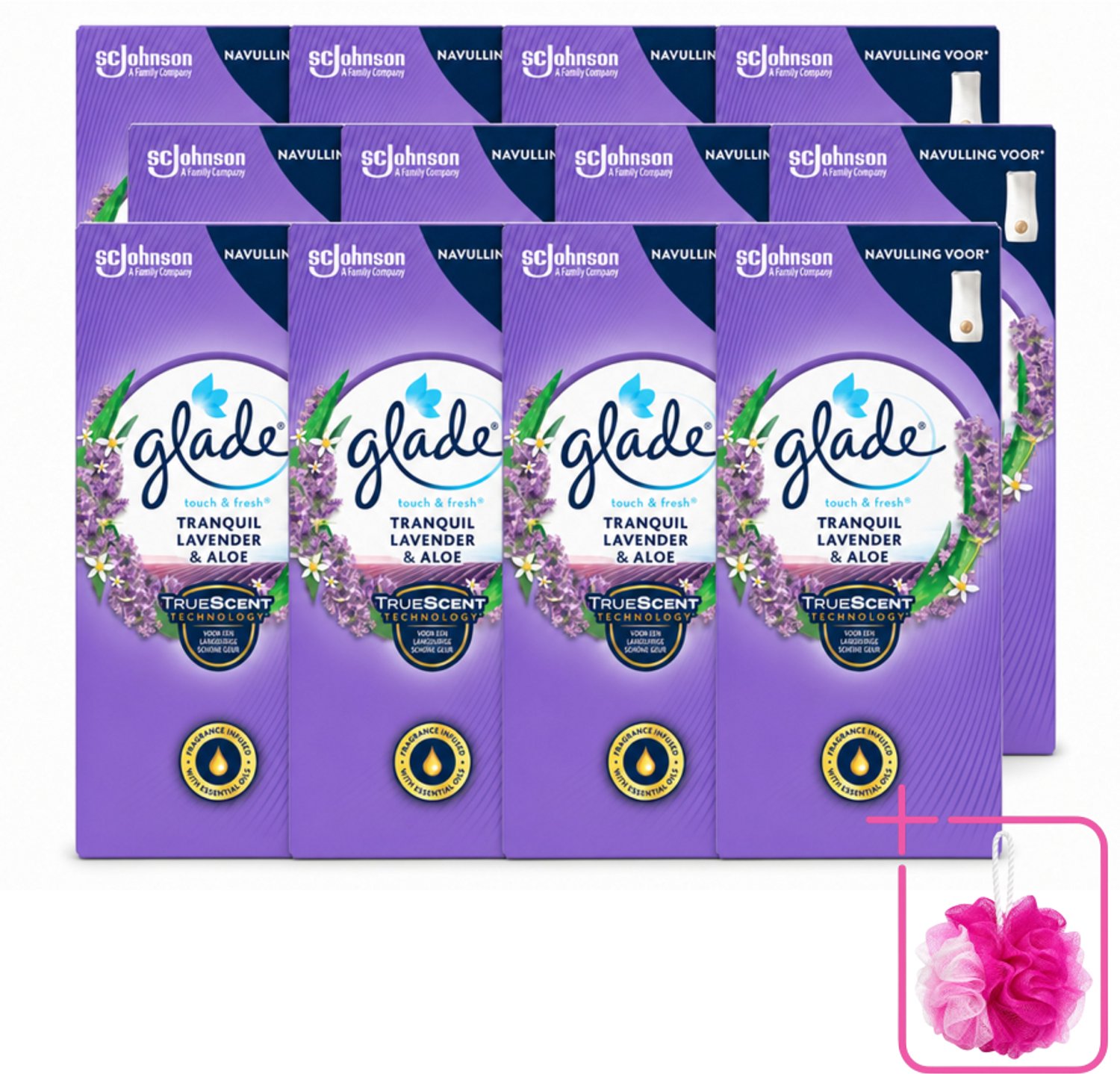 12 x Glade – Touch & Fresh Navulling – Tranquil Lavender & Aloe – 10 ml - Bulkverpakking - Lavendel en aloë luchtverfrisser - Douchemop - Compacte geurboost