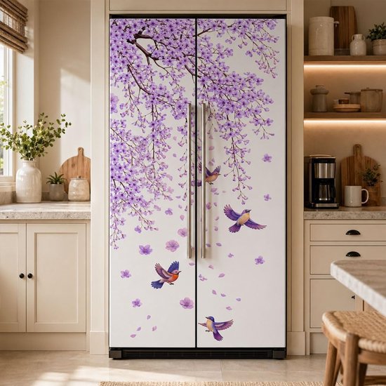 2 stuks paarse bloesem en vogel patroon verwijderbare koelkast wraps, zelfklevende koelkast deur muurschildering vinyl vriezers paneel cover sticker voor keuken bar decor, 41,5 x 200 cm — afbeelding 3