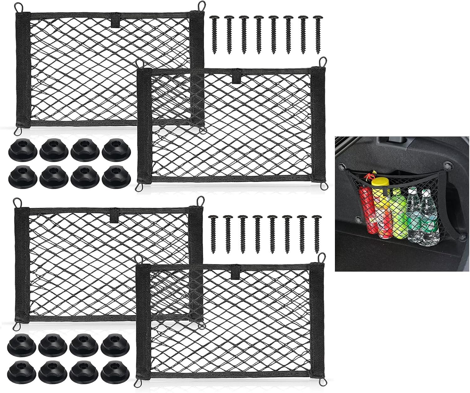 Premium Car Boat Net Bag, Car Luggage Net, Universal Trunk Net, 4 Pack, 35 x 25 cm, with Hook, Space Saving, Robust - ShopVlot