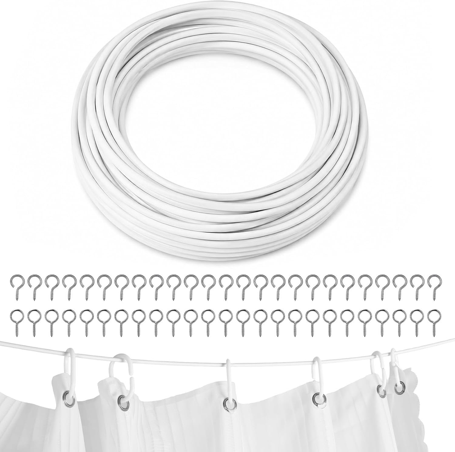 Gordijndraad 10 m - witte PVC-gecoate staaldraad - met 50 schroefhaken - eenvoudig gordijnen ophangen - ShopVlot