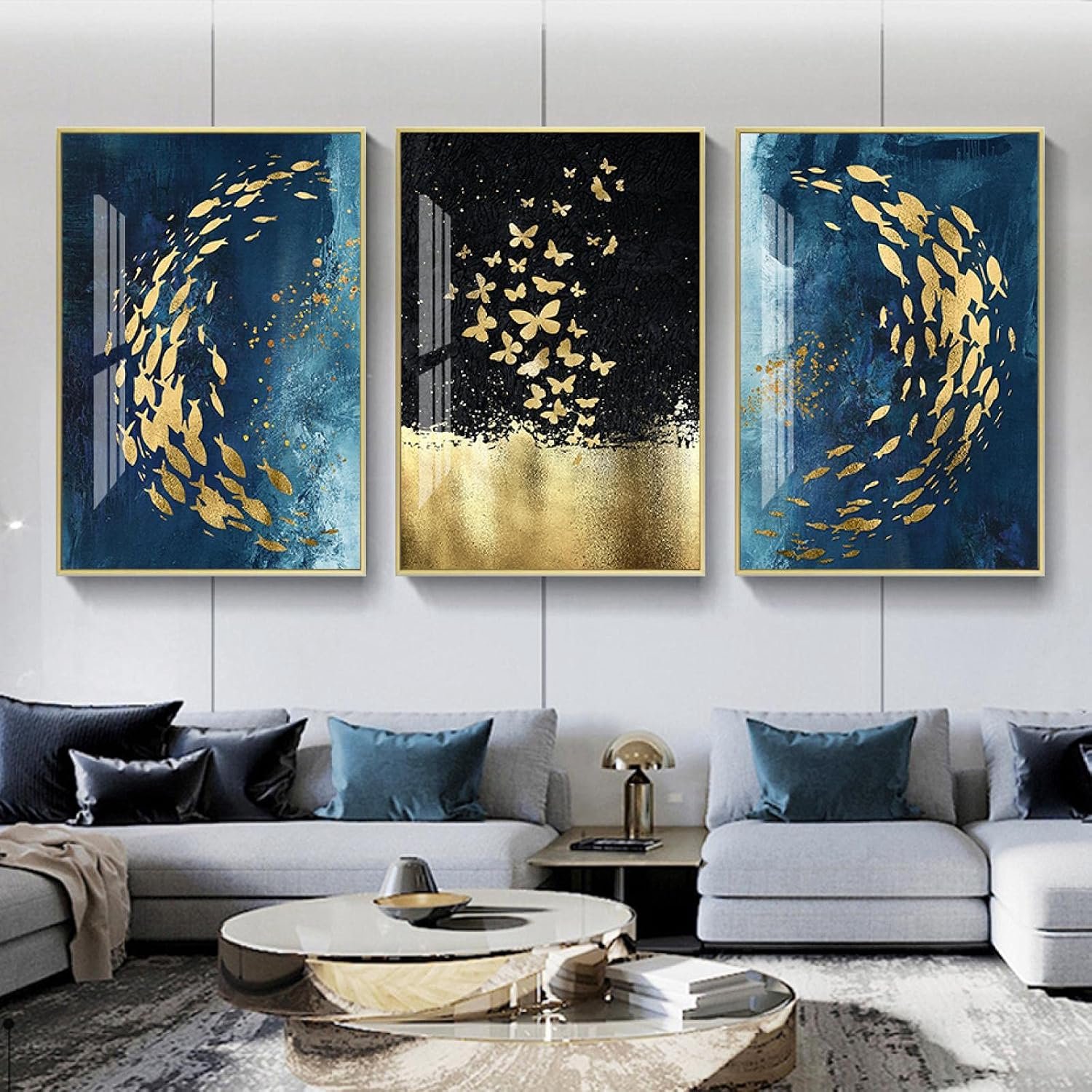 Moderne abstracte gouden vis blauwe achtergrond schilderij poster print muurkunst foto's kantoor woonkamer woondecoratie 35x50cmx3 frameloos
