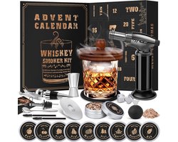 Whisky adventskalender 2026 voor mannen, 24 dagen Bourbon Smoker Infuser set voor cocktailfans en whiskyliefhebbers, cadeau-idee voor echtgenoot, vader of vriend, zonder butaangas en drinkglas