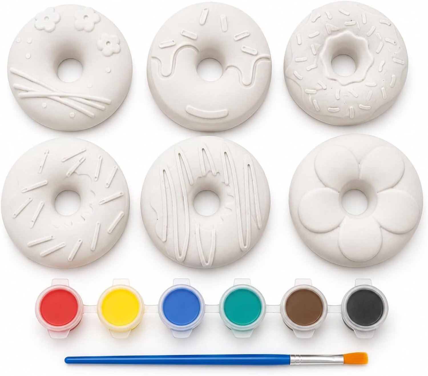 Alupedia Donut knutselset om te beschilderen – 6 donutfiguren met 6 kleuren en penselen, doe-het-zelf creatieve set voor kinderen en volwassenen, creatief cadeau om vorm te geven en te decoreren