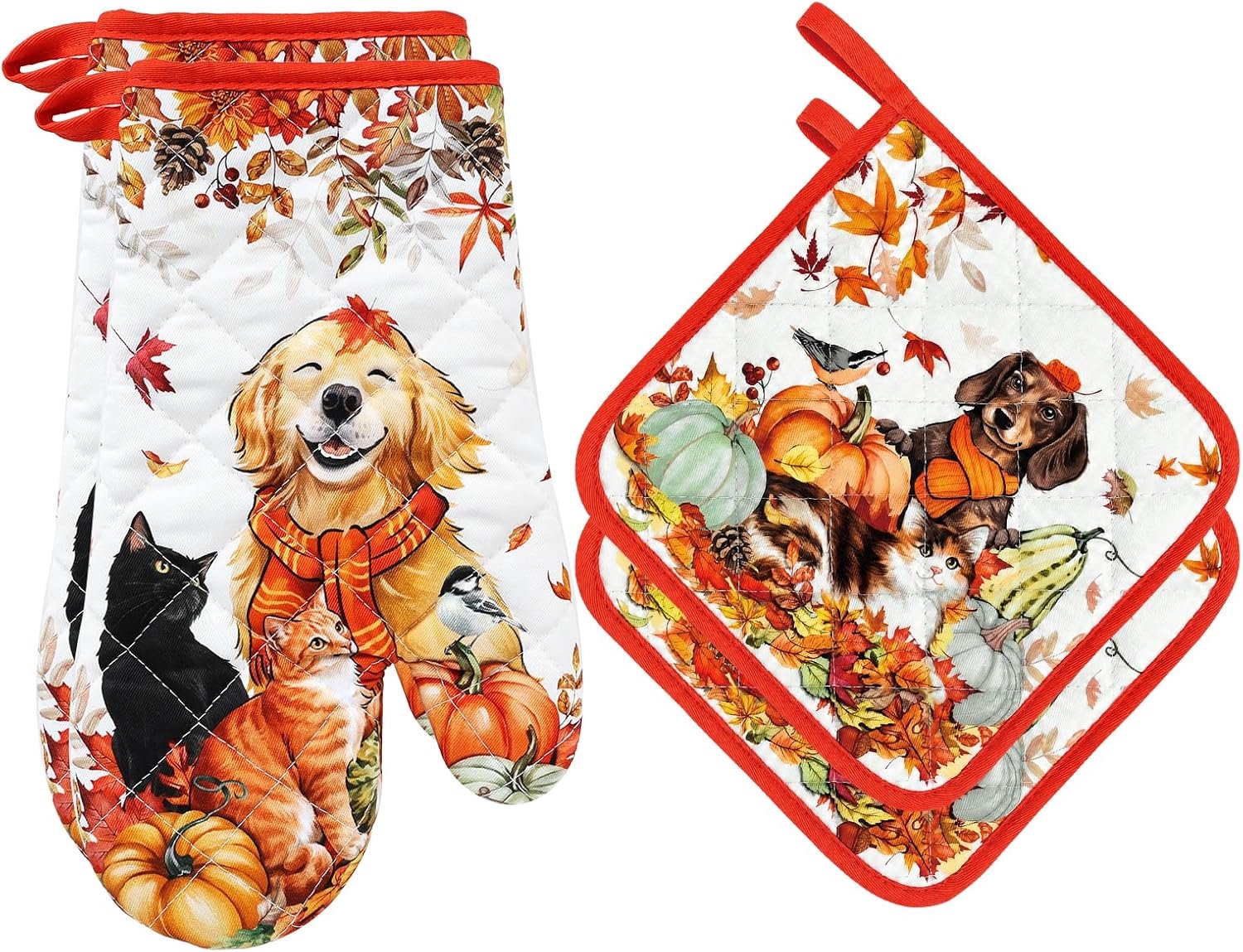 Herfst hond ovenwanten set, 100% katoen, set van 4