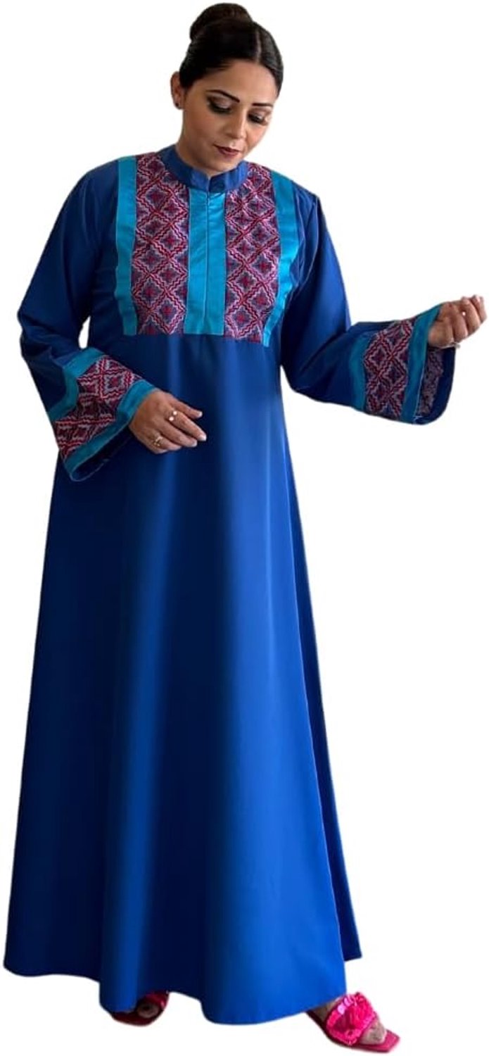 LA KASHA Elegante Abaya-jurk met bloemenprint, grijze maxi-lengte, lange bisschopmouwen, mandarijnkraag, Zoals op de foto, S