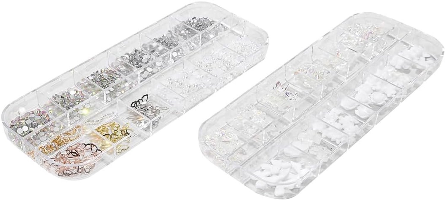 Grobo Een set nagelaccessoires, 3D Glitter Nail Drill Charms Set met platte rug, parels, bloemen, vlinder