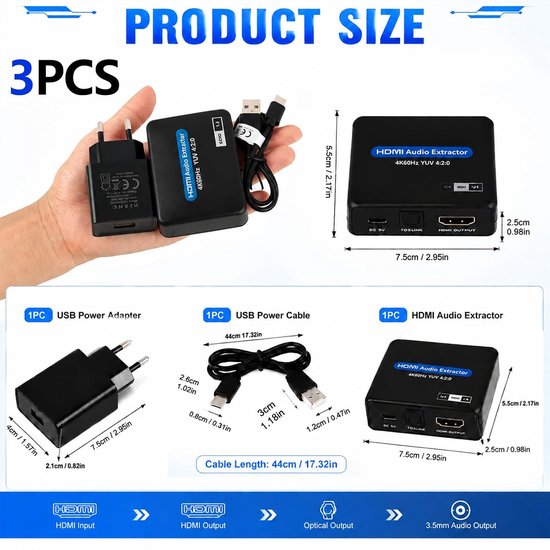 HDMI Audio Extractor, HDMI Audio Converter 4K 60Hz, SPDIF Toslink, 3,5 mm Jack, Video Converter Met EDID 2.0 5.1, Splitter Adapter Compatibel met TV Stick Console PC Projector — afbeelding 5