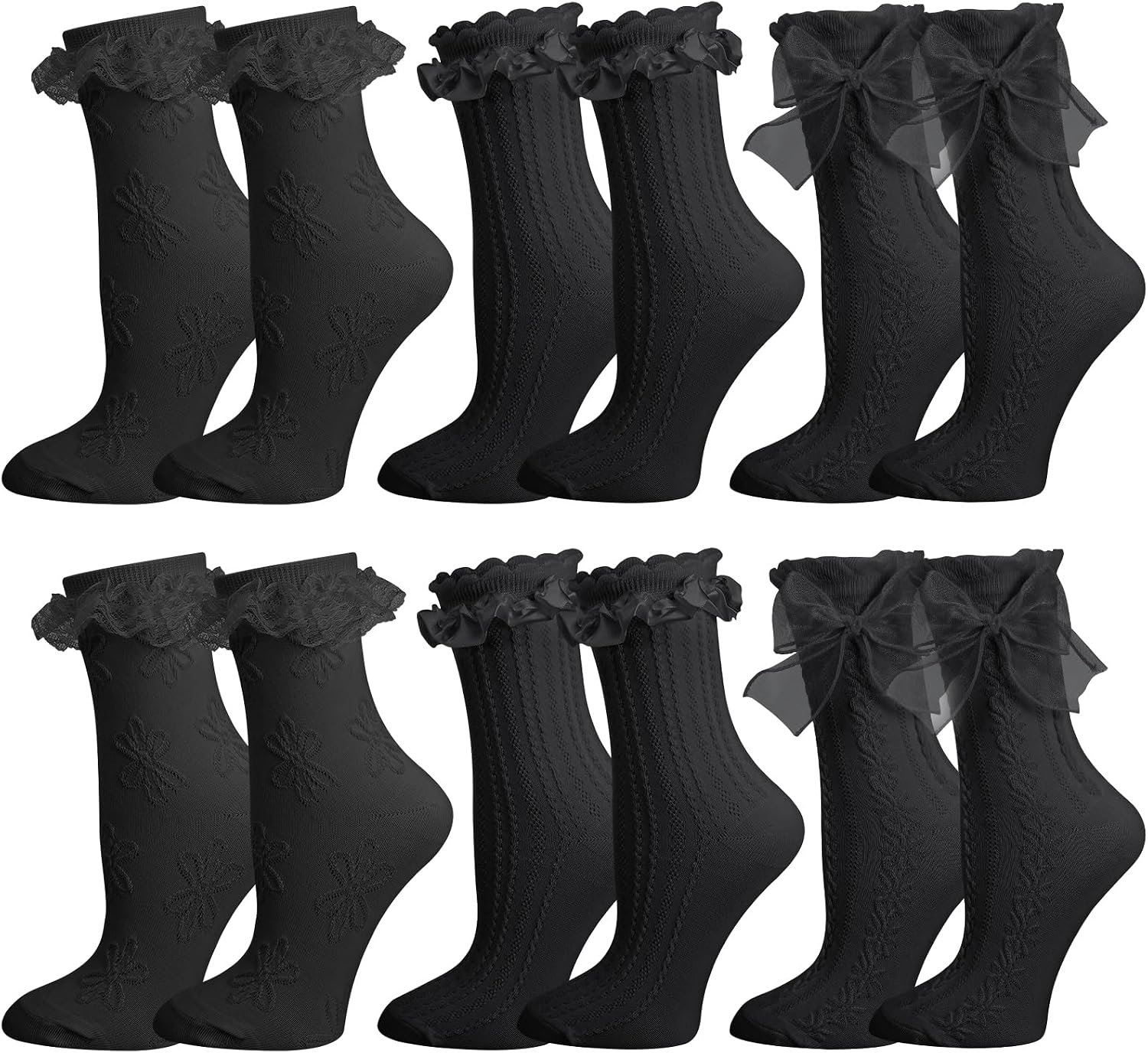 6 paar ruches, damessokken met ruches, dirndl, kanten sokken, elegant, schattig, zwart, prinsessensokken, kant, ademend, voor vrouwen en meisjes, EU 36-40