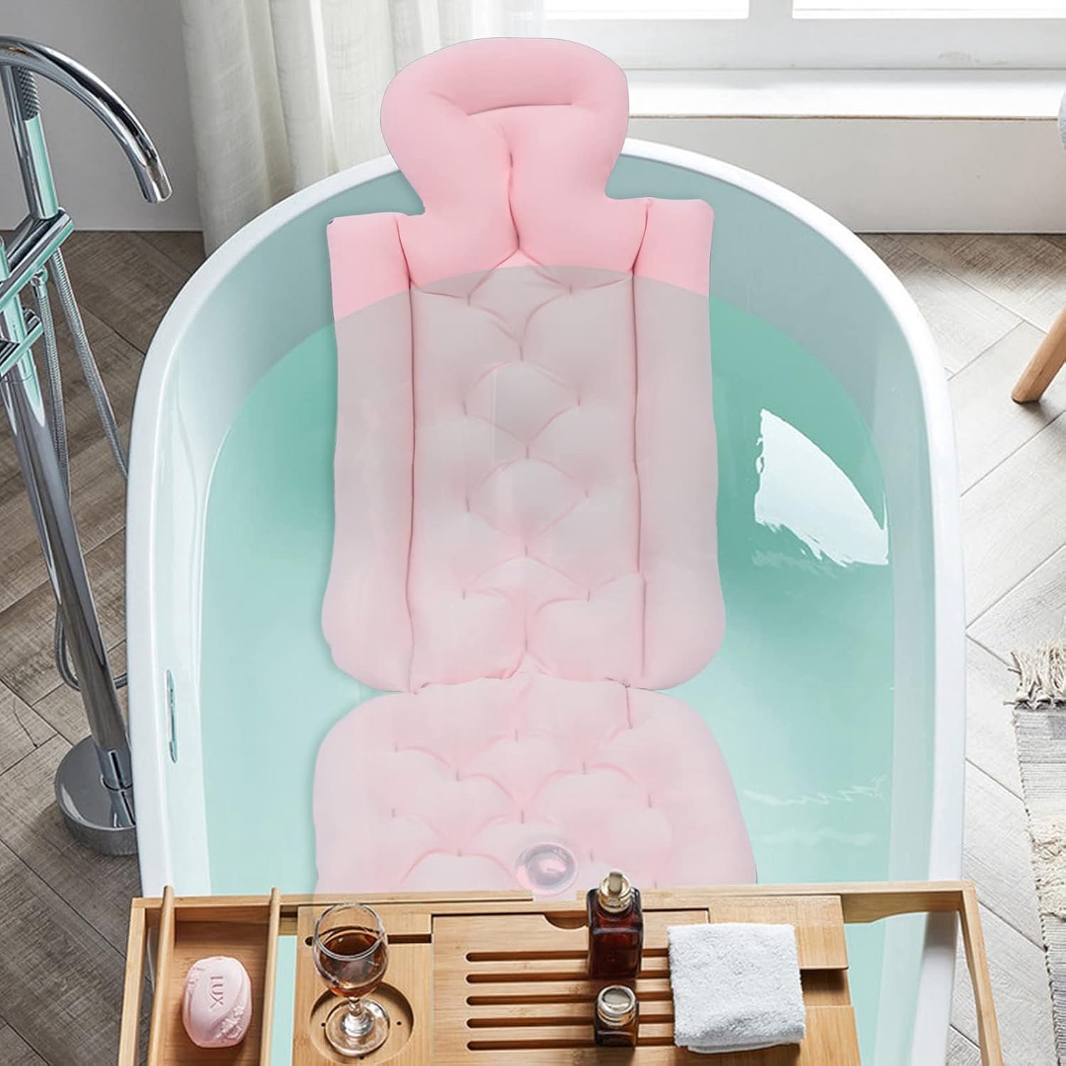 Badkussen voor het hele lichaam, rugsteun, rugkussen, ademend badaccessoires, badkussen, antislip, opvouwbaar, voor volwassenen, badkussen, hoofdsteun voor thuis, spa, badkuip (roze)