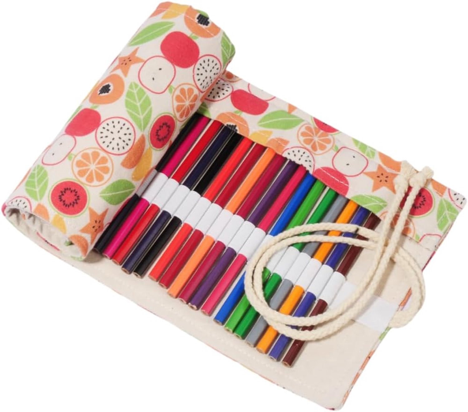 Potloodwrap Canvas Pen Gordijn Kiwi Groene Appel Papaja Watermeloen Fruitpatroon Stoffen Pennenrol Etui-Orange Color-12 Holes