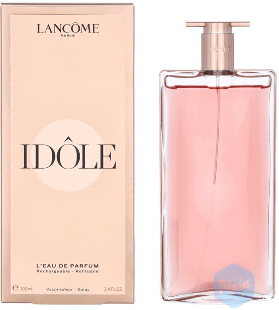 Doos en fles Lancôme Idôle Eau de Parfum in transparant glas met roze vloeistof. Doos met 'IDÔLE' en 'L'EAU DE PARFUM Rechargeable - Refillable'.