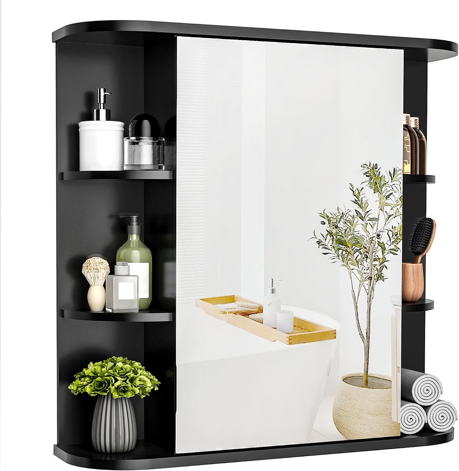 Pamapic Badkamerspiegelkast, badkamerkast met grote HD-spiegel, wandgemonteerde opbergkast met verstelbare planken, opbergkast voor woonkamer, slaapkamer, zwart, 68 x 60 cm