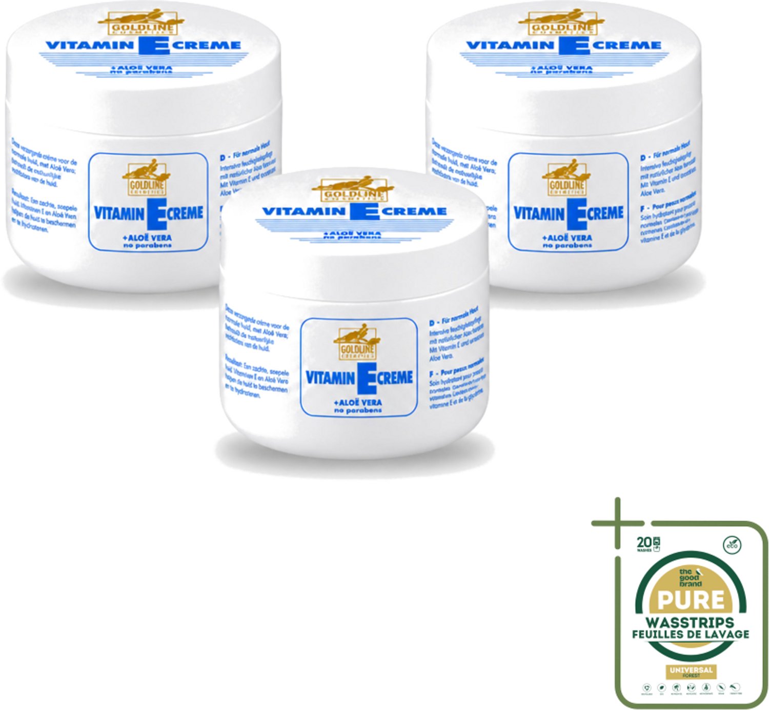 3 x Goldline - Bodycrème - Vitamine-E & Aloë Vera - Normale Huid - Hydraterend - 250 ml - Wasstrips - Bodycrème - Vitamine E - Aloë Vera - Hydraterend - Huidverzorging