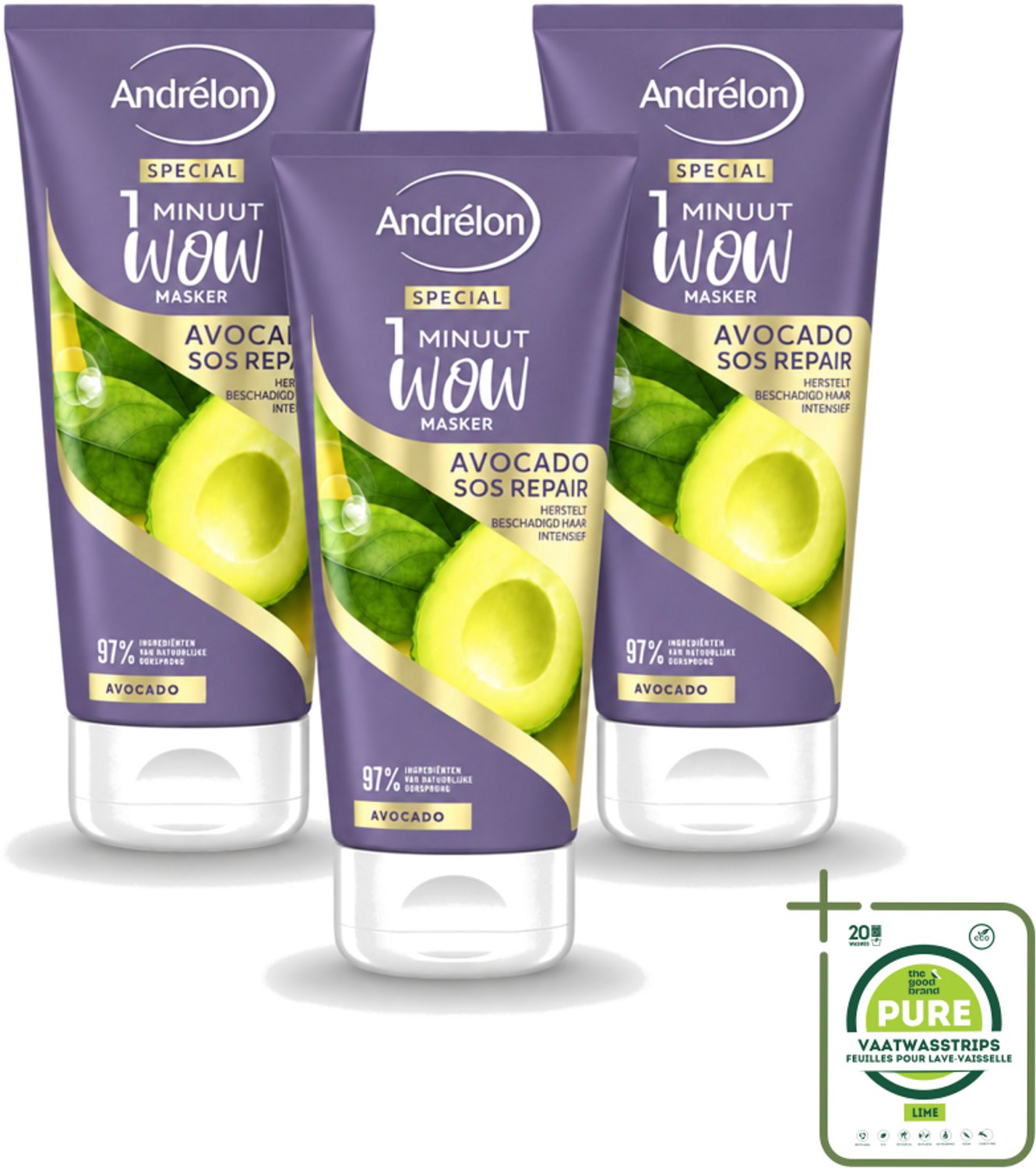 3 x Andrélon - 1 Minuut Wow Haarmasker - Avocado SOS Repair - 180 ml - Grootverpakking - Vaatwasstrips - Haarmasker - Haarherstel - Avocado Masker - Beschadigd Haar - 1 Minuut Herstel