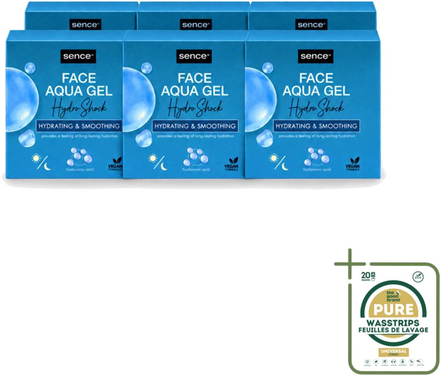 6 x Sence – Dagcrème – Aqua Gel Hydro Shock 2-in-1 – 50 ml - Wasstrips - Hyaluronzuur Serum - Hydratatie - Huid Verzorging - Stralende Huid - Fijne Lijntjes