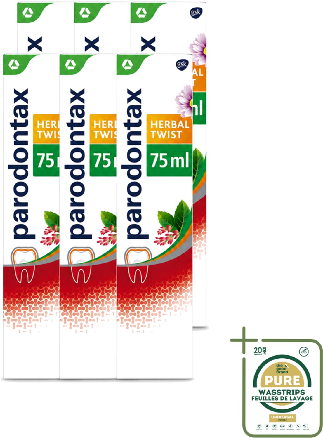 6 x Parodontax - Tandpasta - Herbal Twist - Ginger & Mint - 75ml - Wasstrips - Bloedend Tandvlees - Tandplak - Gember - Munt - Tandvleesbescherming