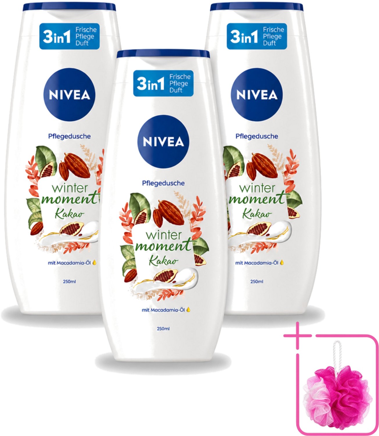 3 x Nivea - Douchegel - Winter Moment Cacao - 250 ml - Bulkverpakking - Douchegel winter - Douchemop - Verzorgende douchegel
