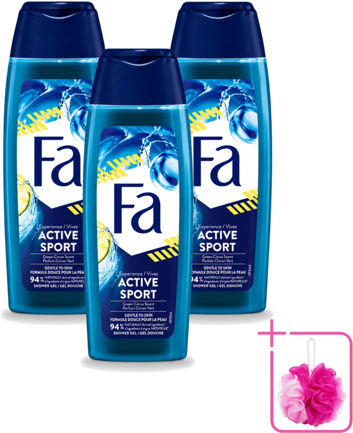 3 x Fa Men - Douchegel - Active Sport - Verfrissend - Green Citrus - 250 ml - Bulkverpakking - Deodorant spray - Douchemop - Sport deodorant