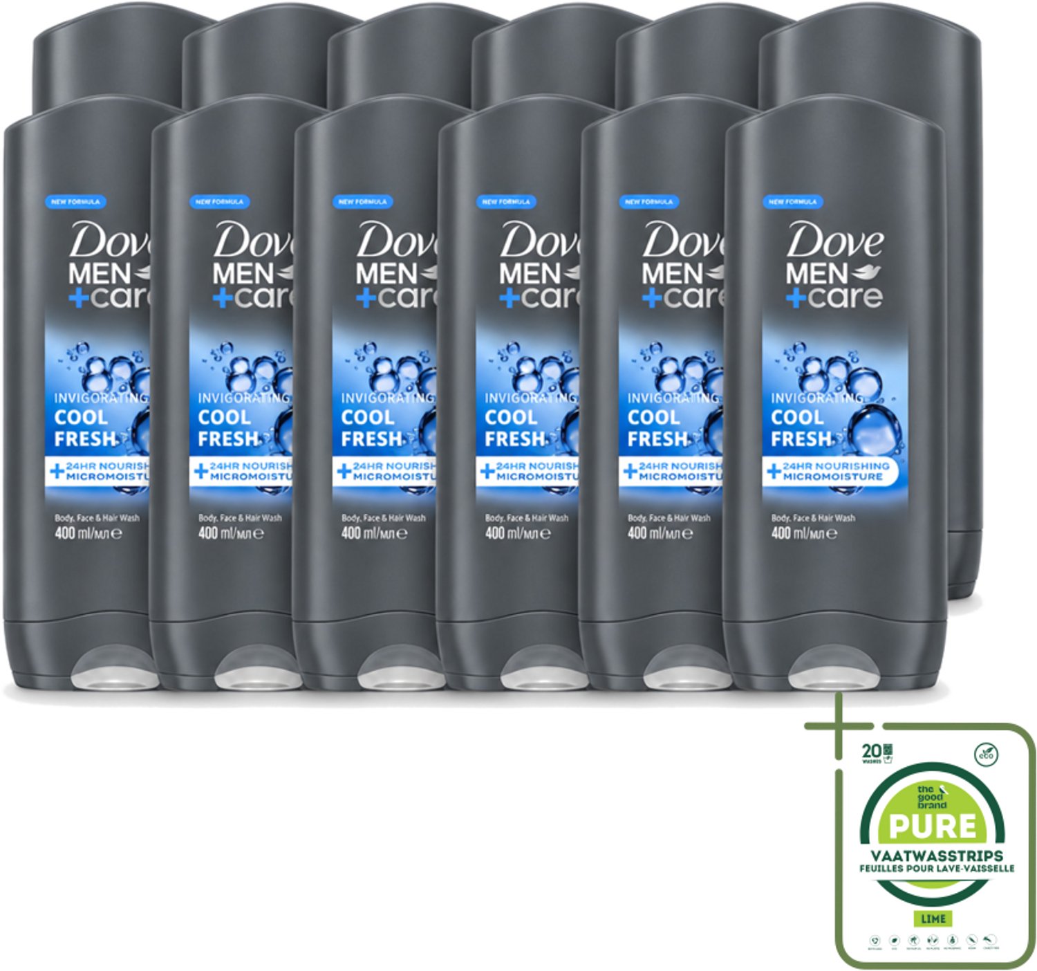 12 x Dove - Douchegel - Men+ Care Cool Fresh - Verfrissend en energiegevend - 400 ml - Grootverpakking - Vaatwasstrips - Douchegel Voor Mannen - Verfrissende Geur - Huid Verzorging - Hydraterende Douchegel - Micromoisture Technologie