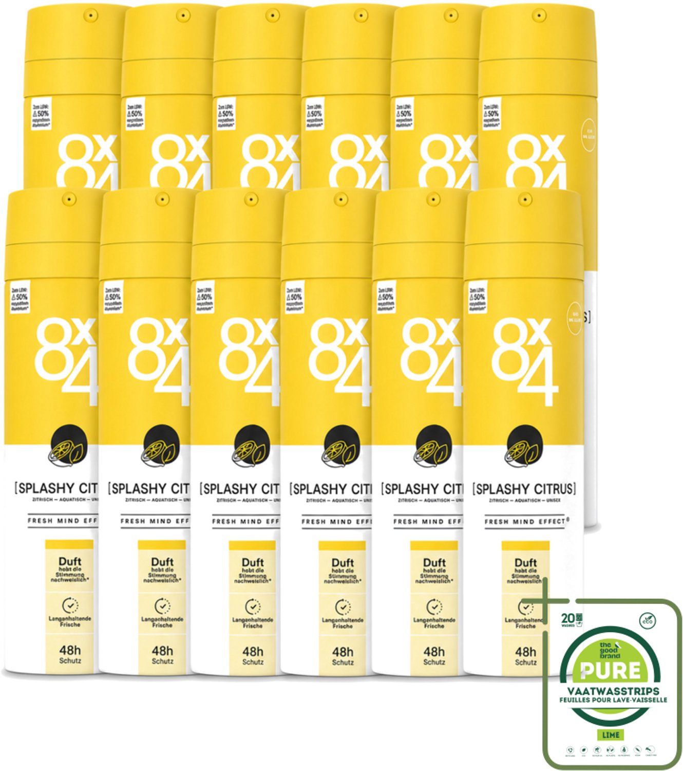 12 x 8 x 4 Deospray - Splashy Citrus - Deodorant - Citrusgeur - 150 ml - Grootverpakking - Vaatwasstrips - Citrusgeur - Deodorant - Citrus - Zweetvermindering - Frisheid