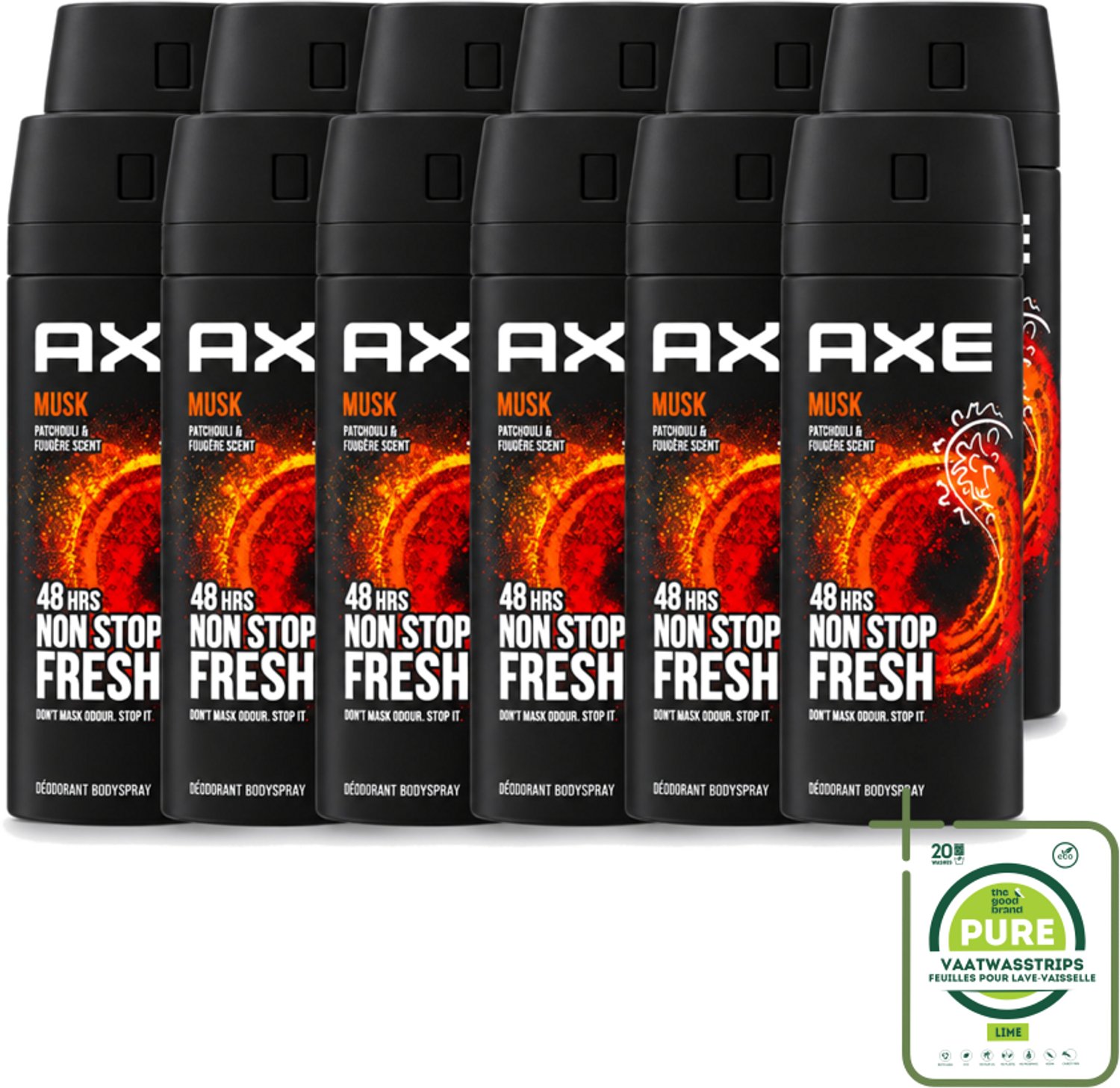 12 x Axe - Deodorant Bodyspray - 48hrs Non Stop Fresh - Musk - Patchouli & Fougere - 150 ml - Grootverpakking - Vaatwasstrips - Axe Musk Deodorant - Deospray Musk - Musk Geur - Deodorant Bodyspray - Geur Bescherming