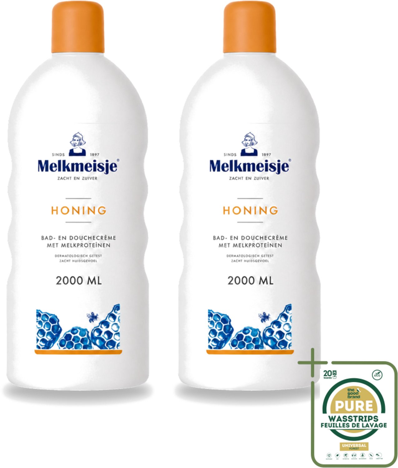 2 x Melkmeisje – Bad & Douche – Honing – 2000 ml - Wasstrips - Melkmeisje Bad En Douche - Honing Crème - Melkproteïnen - Hydratatie - Voeding Huid