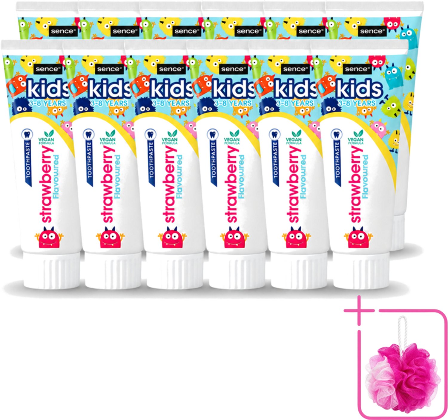 12 x Sence - Kids 3-8 Jaar - Tandpasta - Aardbei Smaak - Vegan - 75 ml - Bulkverpakking - Tandpasta voor kinderen - Douchemop - Kindertandpasta