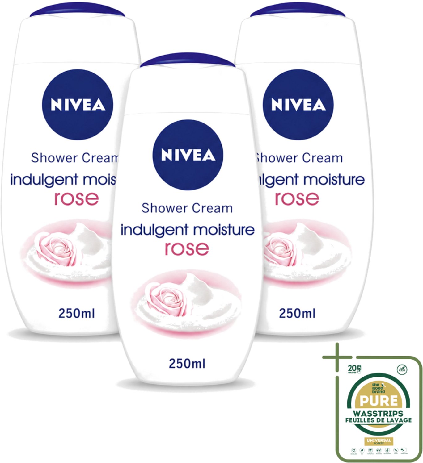 3 x Nivea - Shower Indulgent Moisture Rose Douchecrème - 250 ml - Wasstrips - Douchecrème - Amandelmelk - Rozengeur - Hydraterende Douchecrème - Zachte Huid