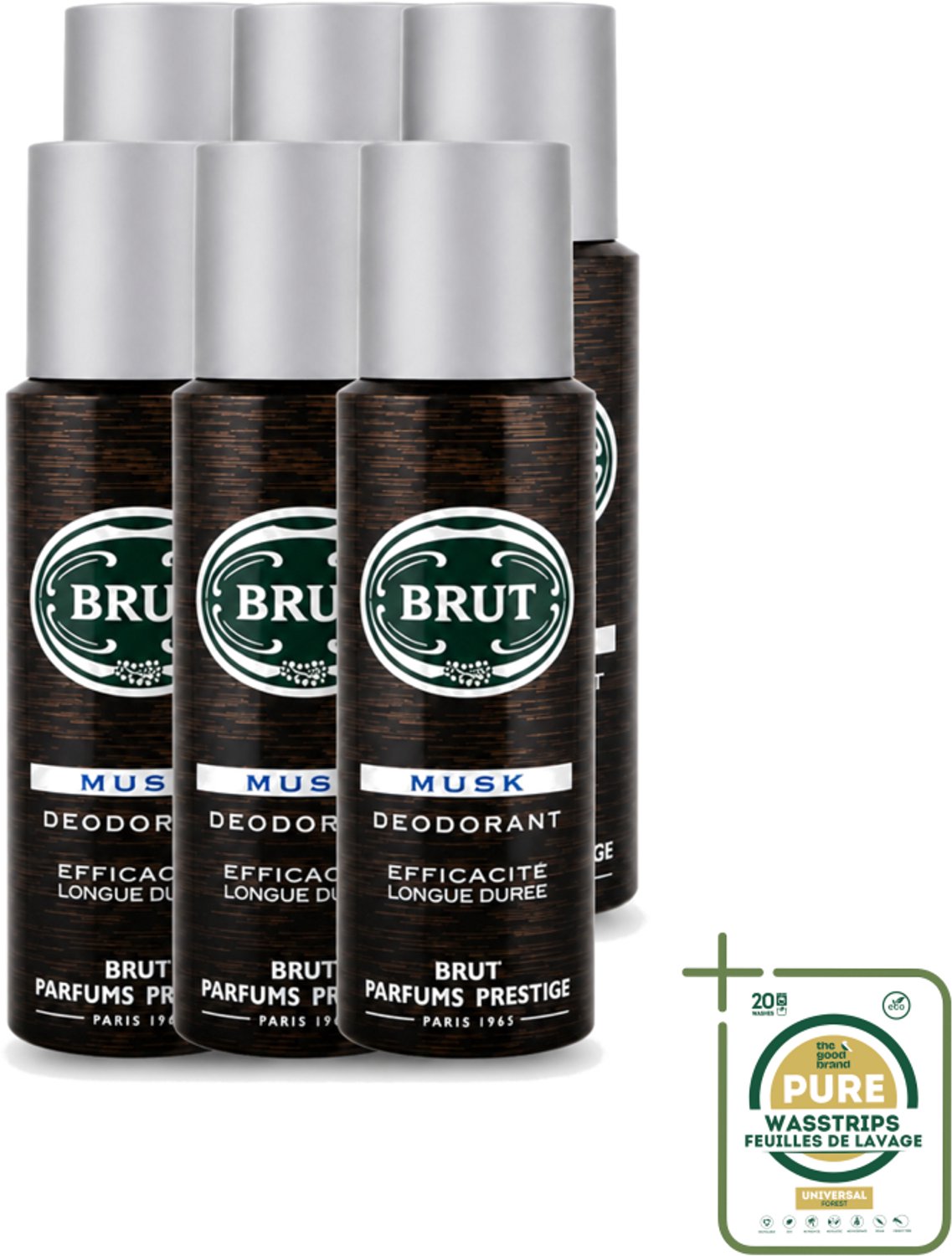 6 x Brut - Deodorant - Spray - Musk - Klassieke mannengeur - 200ml - Wasstrips - Brut Musk - Deodorant Spray - Mannelijke Geur - Muskus - Houtachtige Geur