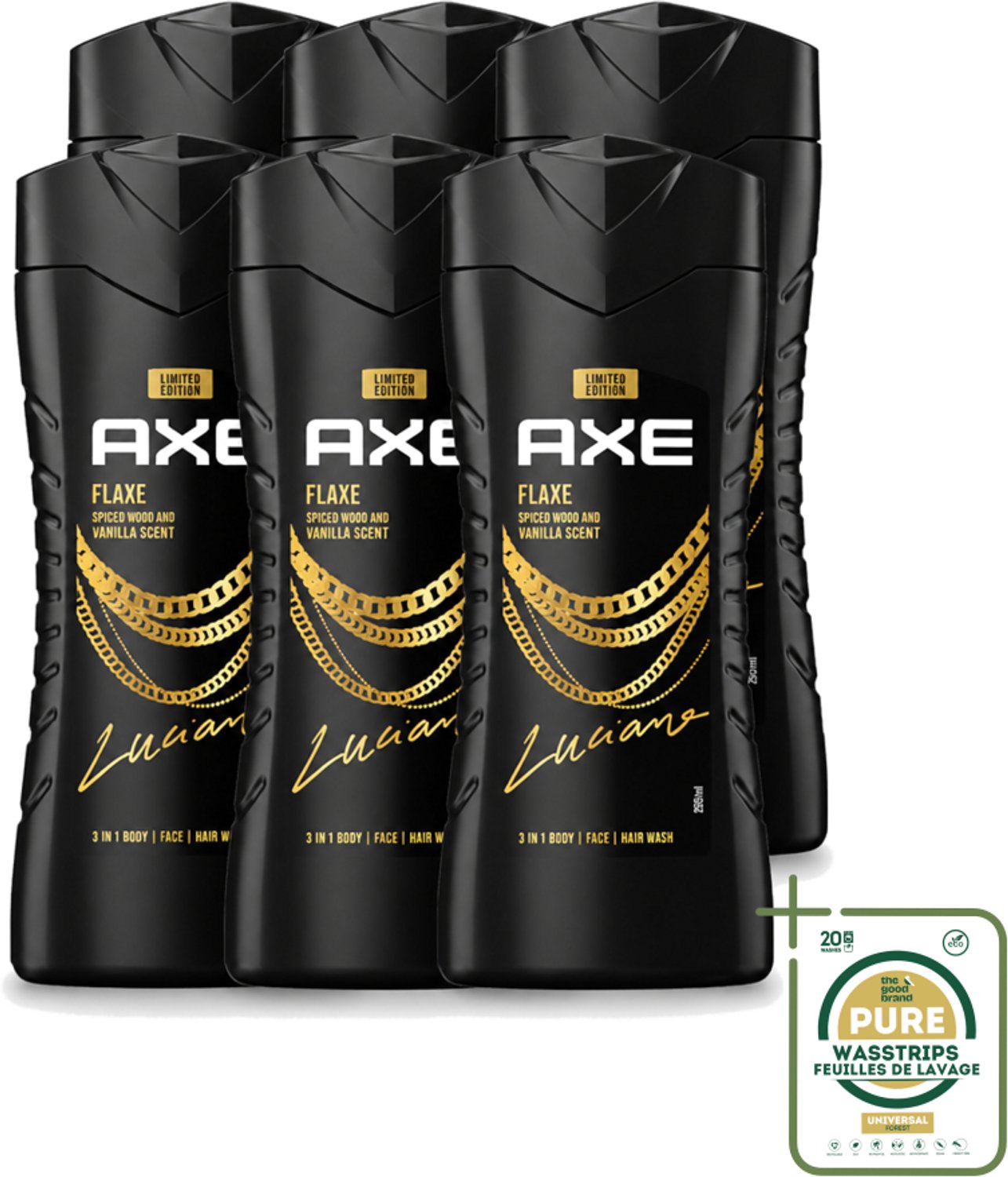 6 x Axe – Douchegel – Flaxe – 250 ml - Wasstrips - Douchegel Voor Mannen - Reiniging Huid - Frisse Geur - Mannelijke Geur - Dagelijks Gebruik