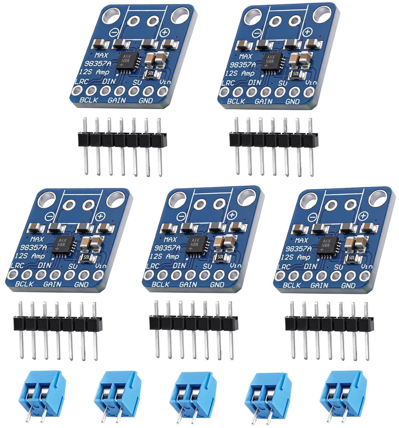 MAX98357A audio-versterkermodule Ulegqin MAX98357A I2S-versterker met 3 W, klasse D, filterloze doe-het-zelf-versterkerboard, DAC-decoder, compatibel met Arduino/Rasp-Pi / ESP32 (5 stuks)