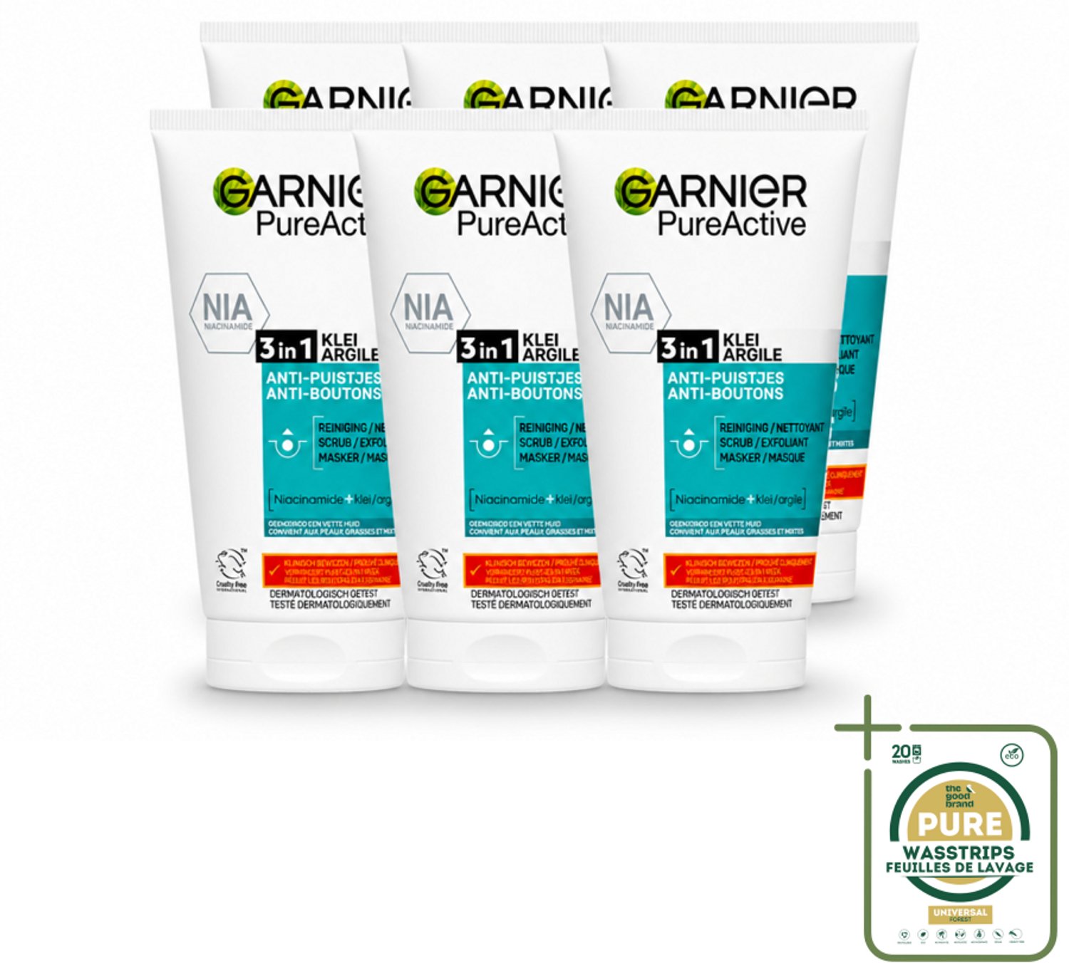 6 x Garnier - Pure Active - 3-in-1 Reiniging Scrub Masker - Tegen Puistjes & Onzuiverheden - Klei & Niacinamide - 150 ml - Wasstrips - 3-in-1 Reiniging - Puistjes - Onzuiverheden - Huidverzorging - Matte Huid