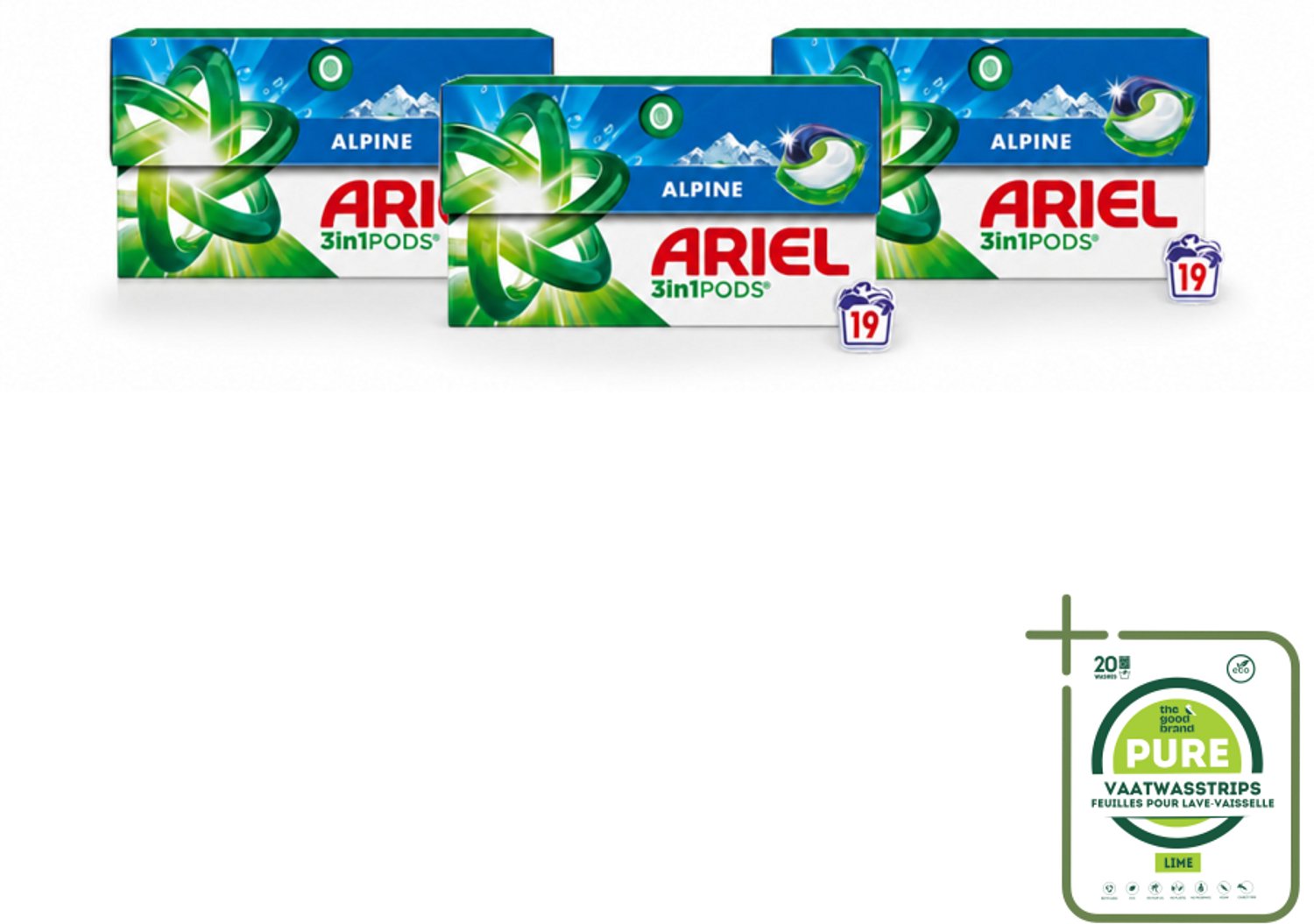 3 x Ariel - 3in1 Wasmiddel Pods - Alpine - 19 Pods - Grootverpakking - Vaatwasstrips - Wasmiddel Pod - Reiniging - Vlekverwijdering - Frisheid - Wasmachine