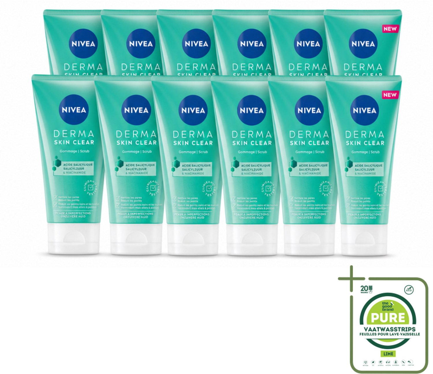 12 x NIVEA - Gezichtsscrub - DERMA Huidzuiver - Voor onzuivere huid - Met Salicylzuur (AHA) & Niacinamide - Tegen Acne & Mee-eters - 150 ml - Grootverpakking - Vaatwasstrips - Gezichtsverzorging - Puistjes - Mee-eters - Poriënreiniging - Acne