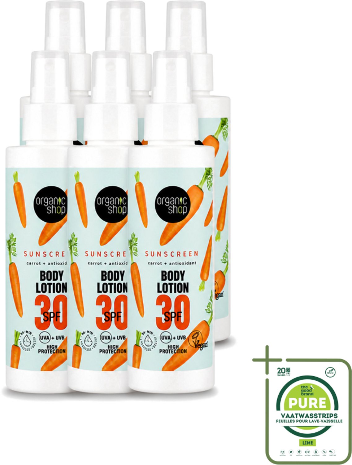 6 x Organic Shop - Zonnebrandcrème SPF 30 - Bescherming tegen de Zon - 150 ml - Grootverpakking - Vaatwasstrips - Zonbescherming - Zonnebrandcrème - SPF 30 - Natuurlijke Zonbescherming - Antioxidanten